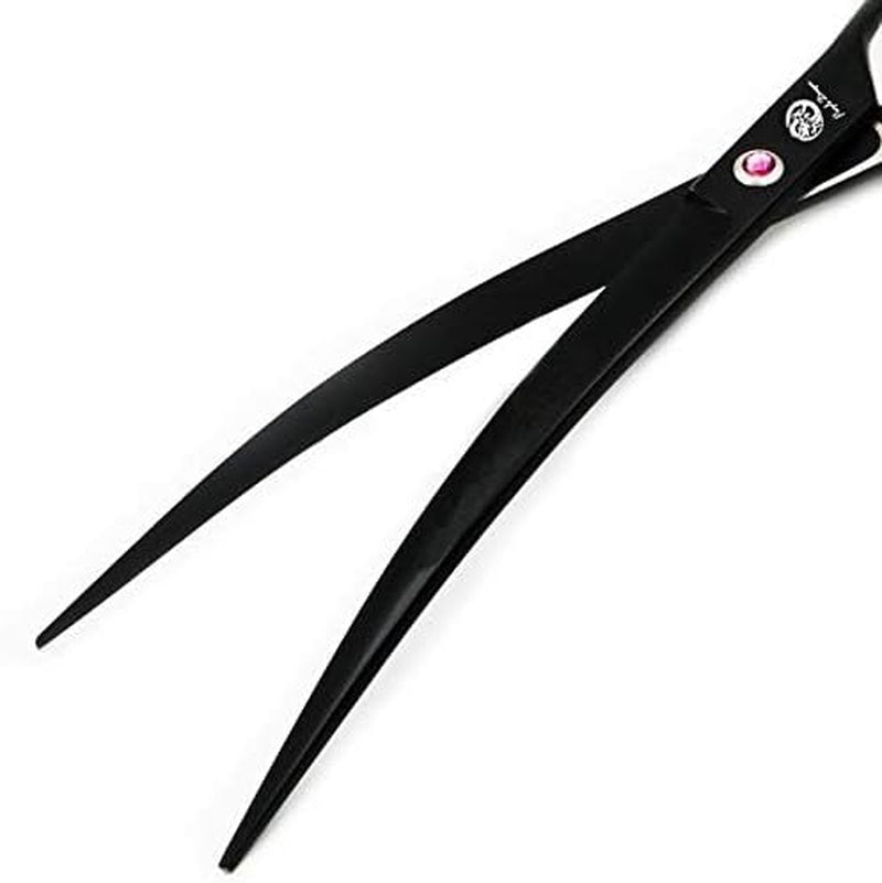 9.0 Inch Twin Tails Downward Curved Blade Pet Grooming Scissors Dog Hair Cutting Shears with Bag for Professional Left Handed or Right Hand Pet Grooomer (Black Downward Curved)