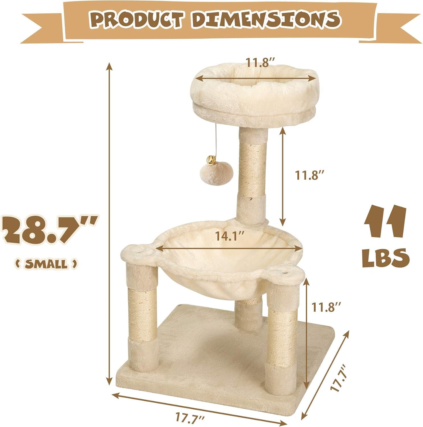 28.7 Inches Cat Tree with Sisal-Covered Scratching Posts,Hammock and Plush Perches,Small Cat Tower for Kittens- Multiple Colors-Beige