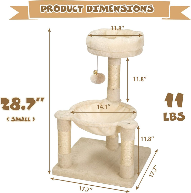 28.7 Inches Cat Tree with Sisal-Covered Scratching Posts,Hammock and Plush Perches,Small Cat Tower for Kittens- Multiple Colors-Beige