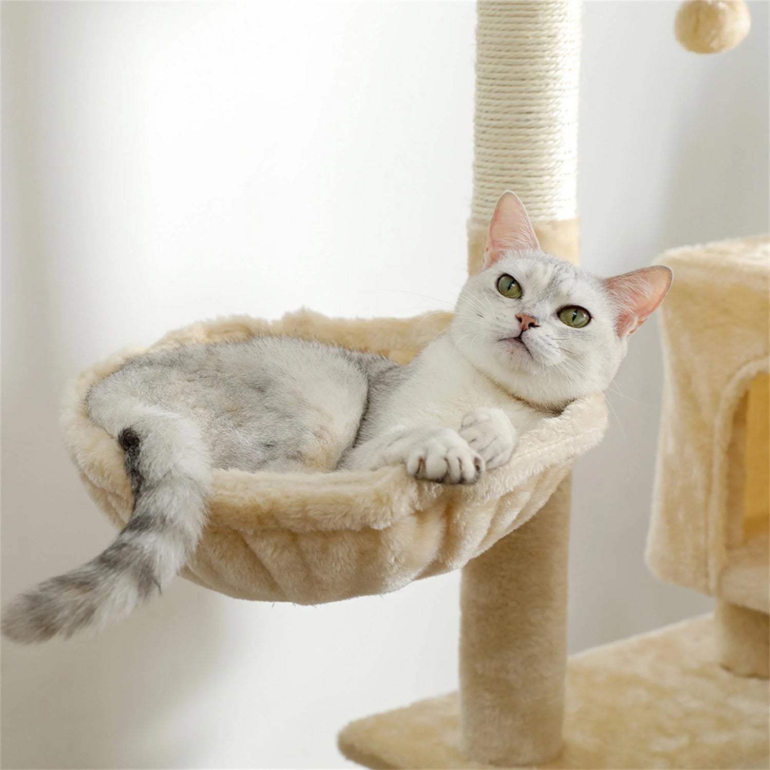 56" Multi-Level Cat Tree Tower House for Indoor Cats, Cat Condo Plush Perch with Scratching Posts, Hammock Basket, Beige