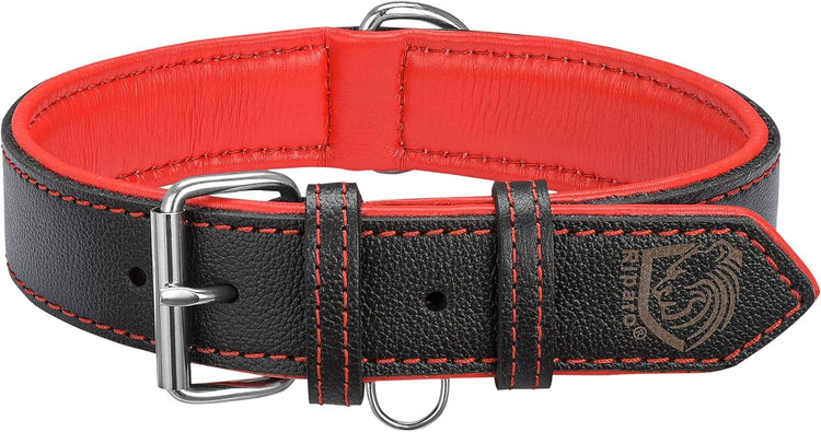 Riparo Dog Collars for Medium Dogs, Genuine Leather Dog Collar, Medium Dog Collar (M: 1" Wide for 13.5โ-17.5โ Neck, Black/Red Thread)