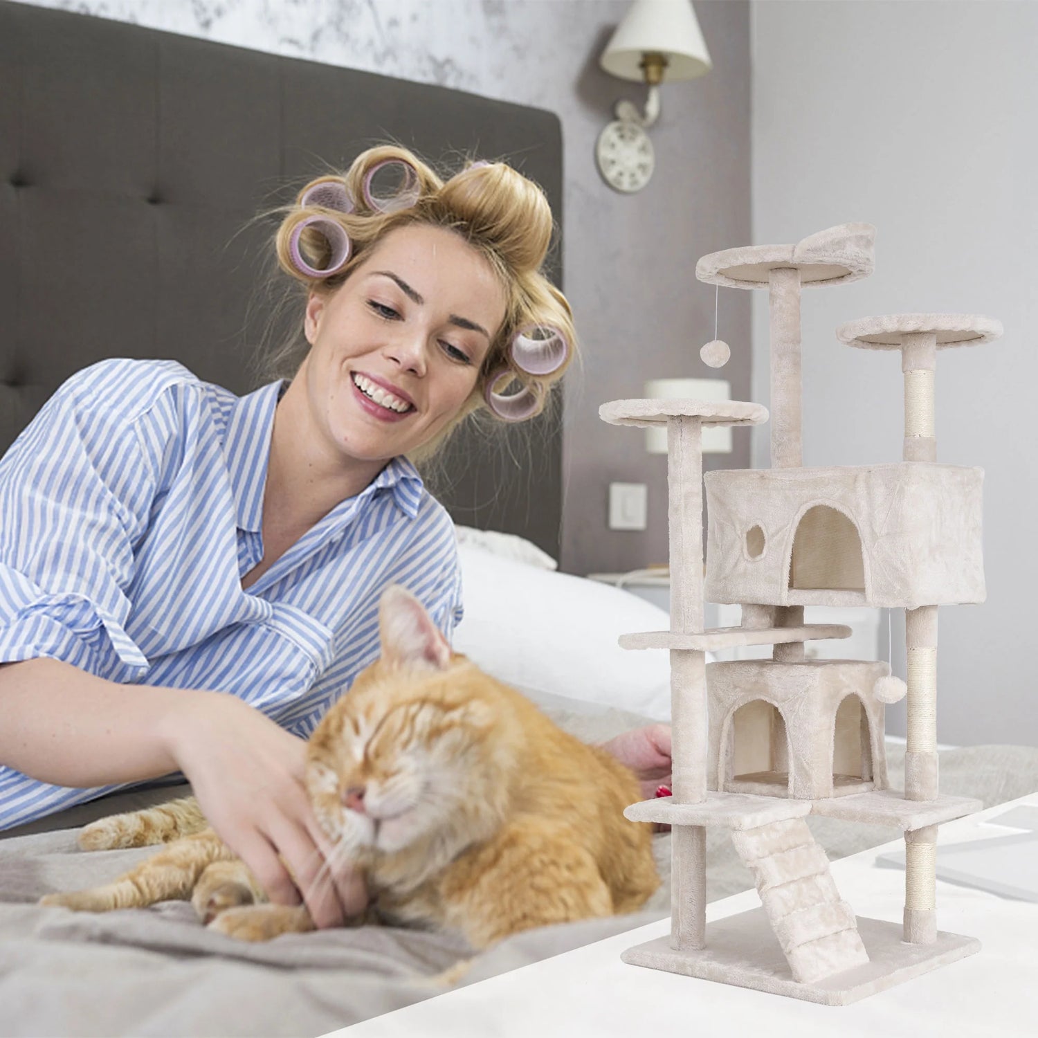 54In  Tower, Multi-Level Cat Tower Furniture Activity Center with Platform Scratching Posts Stand House Condo and Toy, Cat Condos for Indoor Cats Kitten Activity Relaxing, Beige