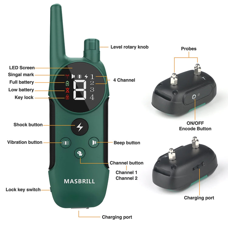 Dog Shock Collar 2 Remotes, Waterproof Rechargeable Electric Dog Training Collar with Remote, 2000Ft 3 Modes Beep Vibration Safe Shock,Green