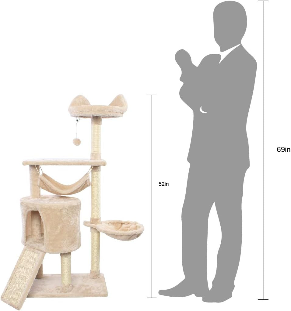 52 Inches Cat Tree with Hammock and Sisal-Covered Post,Cat Acitivity Center Beige Pet Funiture with Dangling Ball for Kittens