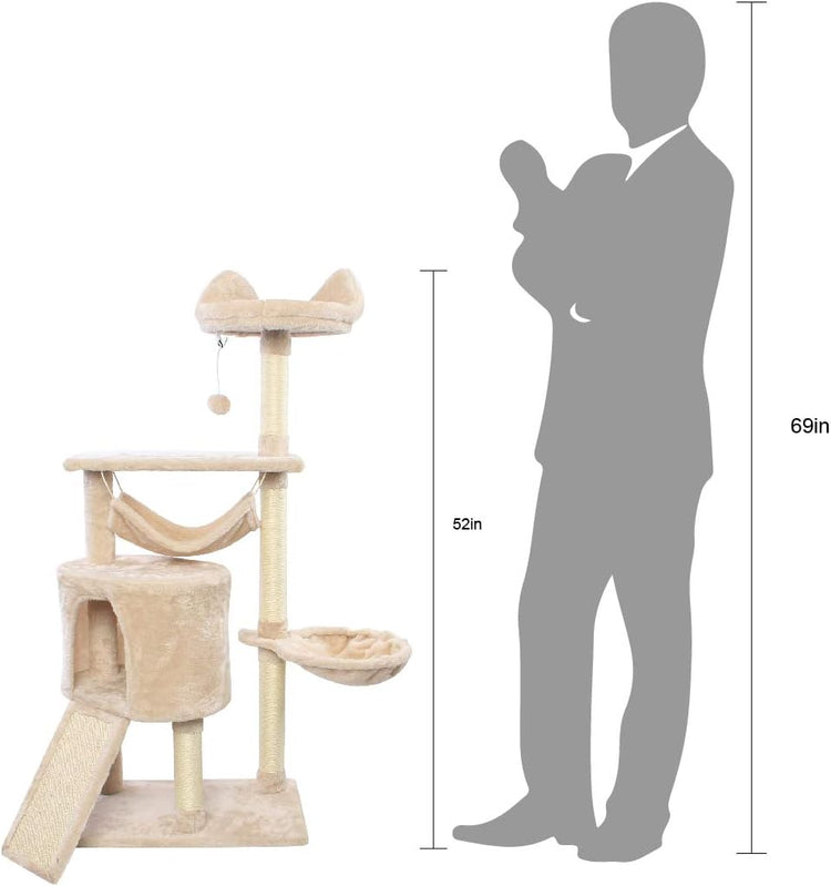 52 Inches Cat Tree with Hammock and Sisal-Covered Post,Cat Acitivity Center Beige Pet Funiture with Dangling Ball for Kittens