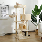 56" Multi-Level Cat Tree Tower House for Indoor Cats, Cat Condo Plush Perch with Scratching Posts, Hammock Basket, Beige