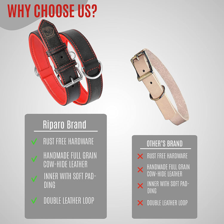 Riparo Dog Collars for Medium Dogs, Genuine Leather Dog Collar, Medium Dog Collar (M: 1" Wide for 13.5โ-17.5โ Neck, Black/Red Thread)