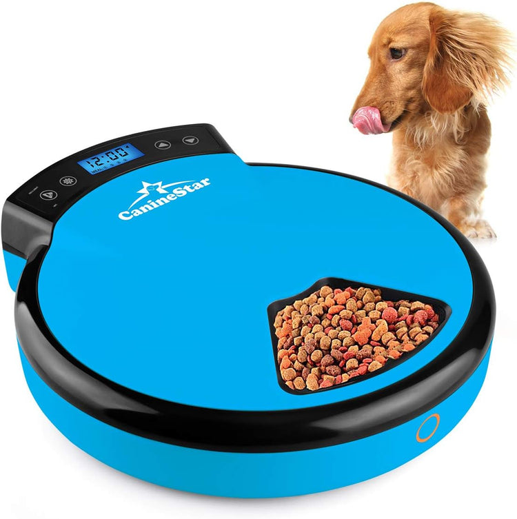 Automatic Pet Feeder for Cats and Dogs, 5-Meal Food Dispenser with Dry and Wet Food Capability by Caninestar (Blue)