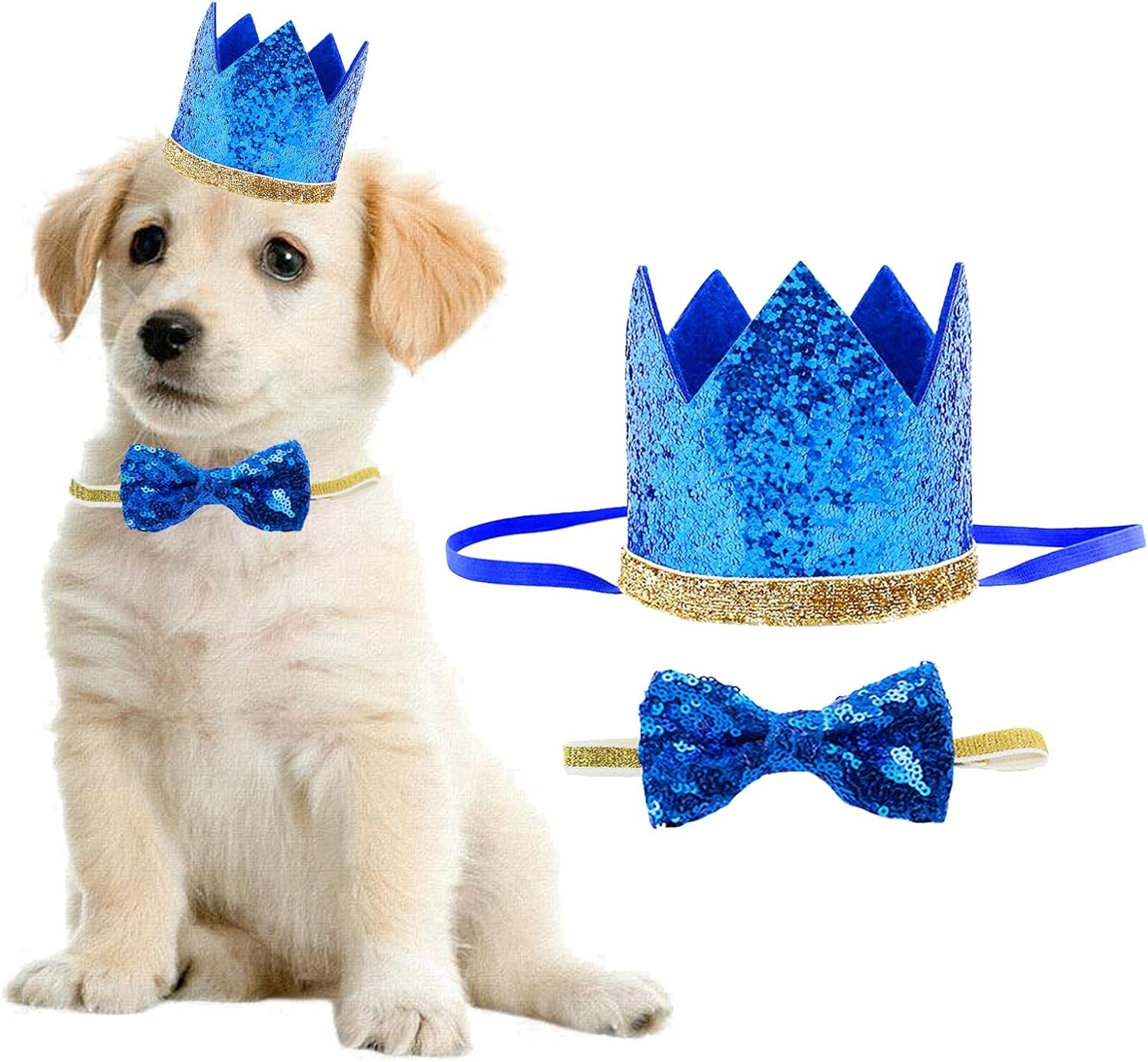 Cute Pet Birthday Crown Hat and Bow Tie Collar Set for Dog Cat Birthday Party Supplies (Royal & Gold)