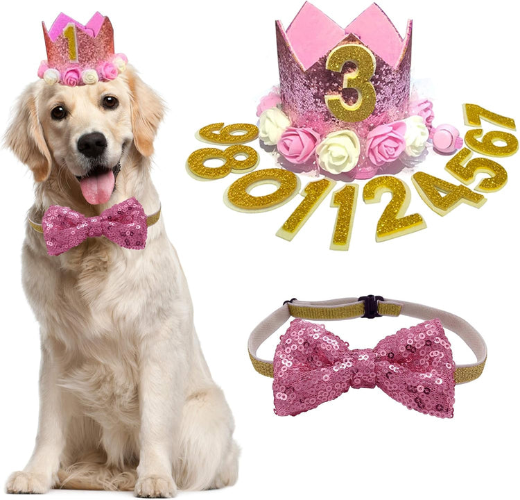 Cat Dog Birthday Crown Hat and Bow Tie Collar Set Pet Girl Birthday Party Supplies (Pink)