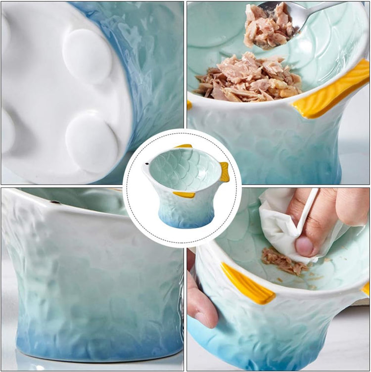Non-Slip Ceramic Cat Bowl - Elevated Feeding Dish for Food and Water, Fish Shape Design