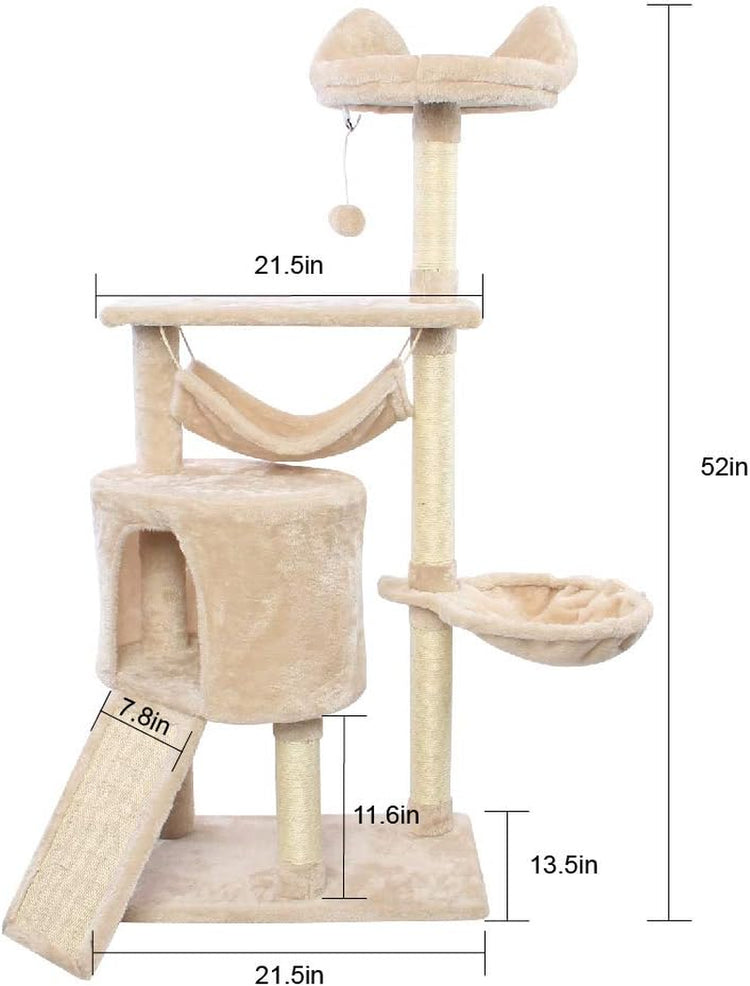 52 Inches Cat Tree with Hammock and Sisal-Covered Post,Cat Acitivity Center Beige Pet Funiture with Dangling Ball for Kittens
