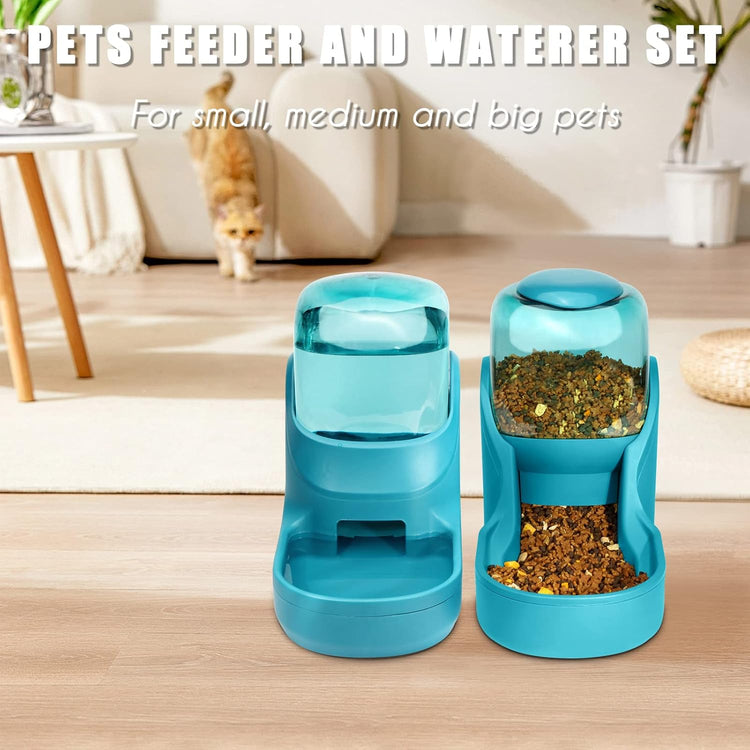 Automatic Gravity Pet Feeder and Water Dispenser Set for Small to Large Dogs and Cats - High Capacity (Blue)