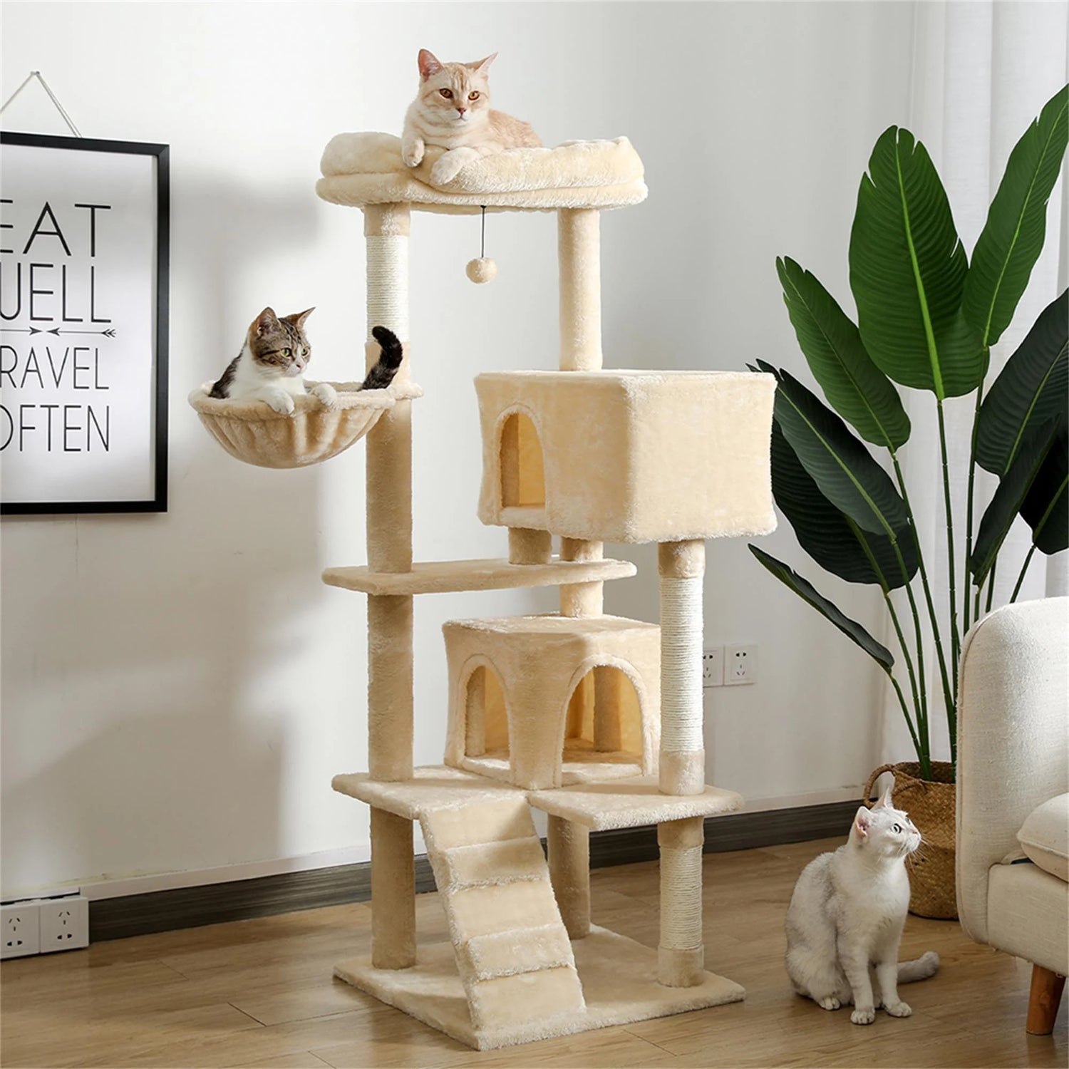 56" Multi-Level Cat Tree Tower House for Indoor Cats, Cat Condo Plush Perch with Scratching Posts, Hammock Basket, Beige