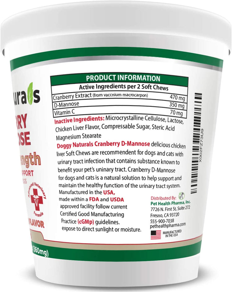 Cranberry D-Mannose for Dogs and Cats Urinary Tract Infection Support Prevents and Eliminates UTI, Bladder Infection Kidney Support 11.4 Oz (Double Strength Soft Chew, 120 Soft Chew)