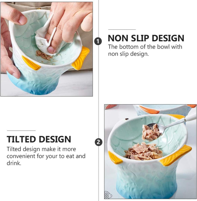 Non-Slip Ceramic Cat Bowl - Elevated Feeding Dish for Food and Water, Fish Shape Design