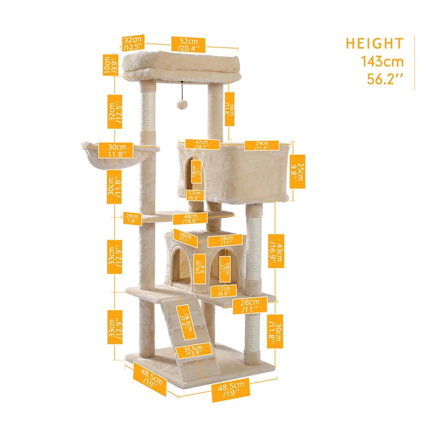 56" Multi-Level Cat Tree Tower House for Indoor Cats, Cat Condo Plush Perch with Scratching Posts, Hammock Basket, Beige