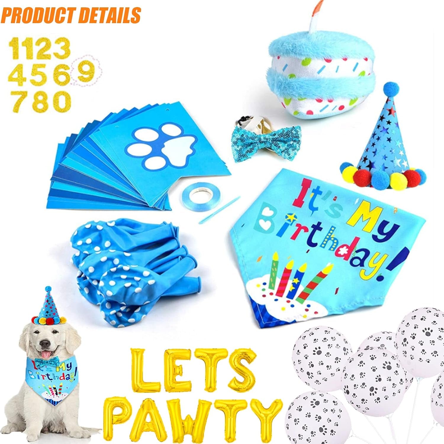 Dog Birthday Outfit Dog Happy Birthday Banner Boy with Dog Birthday Number Dog Birthday Hat Birthday Squeaky Cake Toys Lets Pawty Paw Balloons for Dog Puppy Birthday Party Supplies