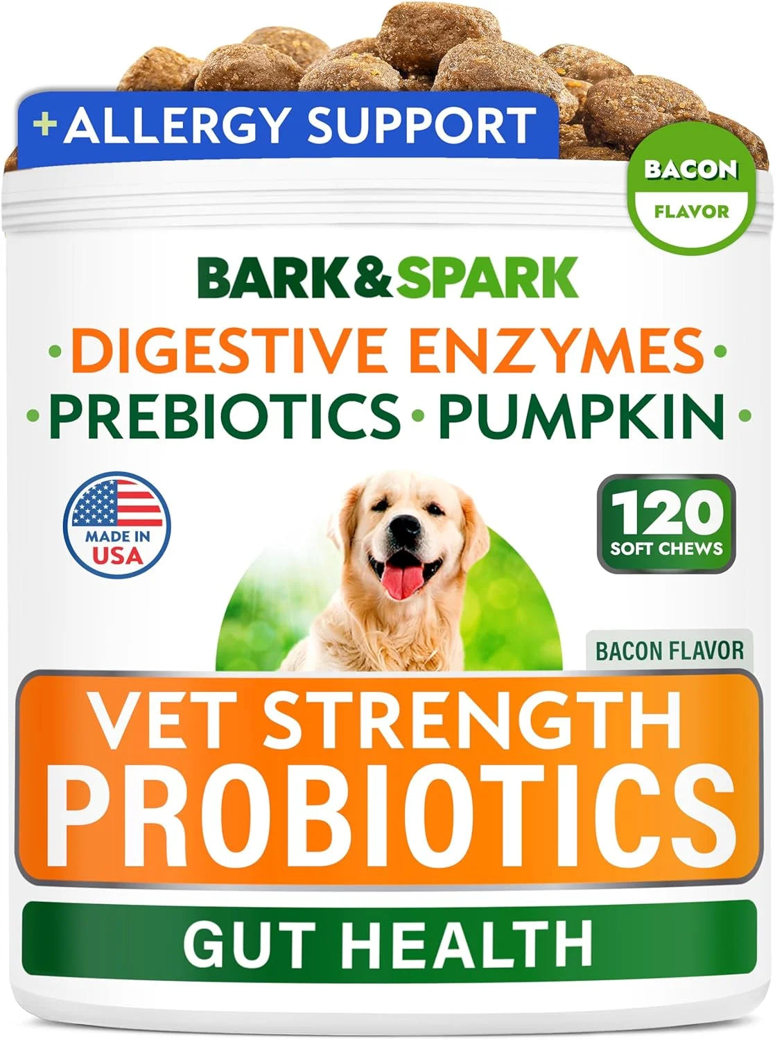 Vet Strength Dog Probiotics Chews - Gas, Diarrhea, Allergy, Constipation, Upset Stomach Relief, with Digestive Enzymes + Pumpkin + Prebiotics - Chewable Fiber Supplement - Improve Digestion, Immunity