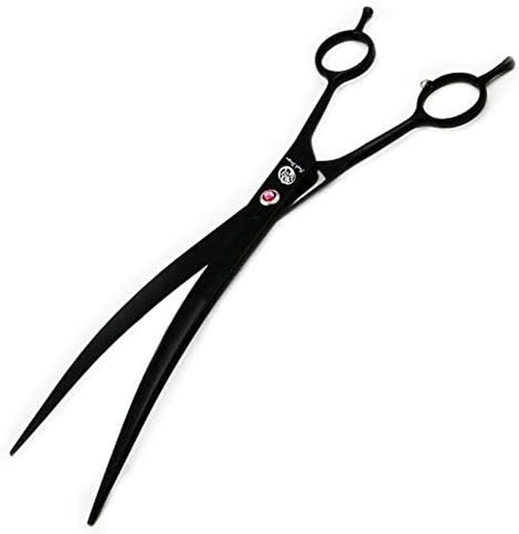 9.0 Inch Twin Tails Downward Curved Blade Pet Grooming Scissors Dog Hair Cutting Shears with Bag for Professional Left Handed or Right Hand Pet Grooomer (Black Downward Curved)