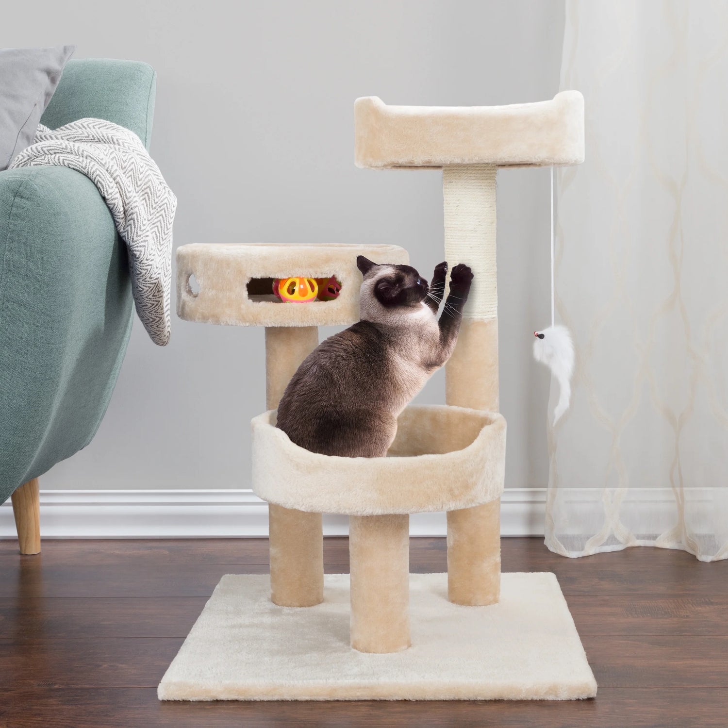PETMAKER Tall Cat Tree Condo with Perches, Scratch Post, and Wheel Toy