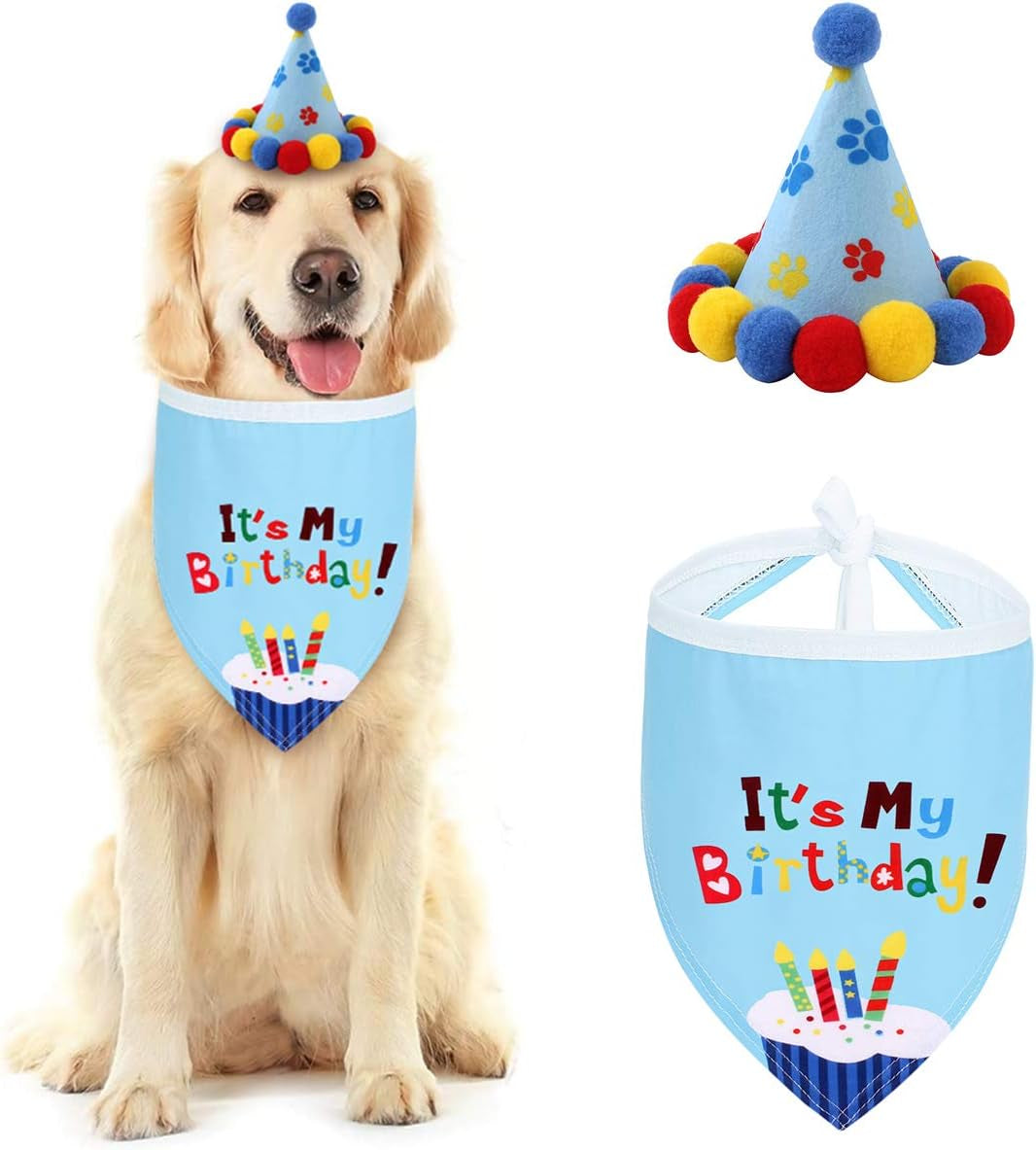 Pet Cat Dog Happy Birthday Bandana Scarfs and Cute Party Hat for Girls Boys,Cat Birthday Gift Decorations Set with Soft Scarf & Adorable Hat