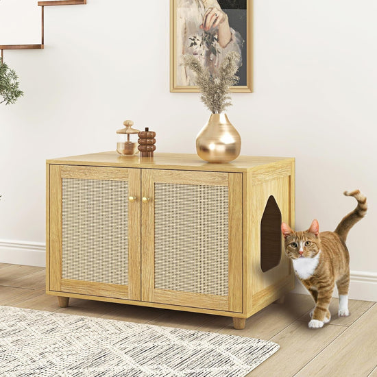 Cat Litter Box Enclosure, Rattan Litter Box Hidden Furniture Indoor Cat House...