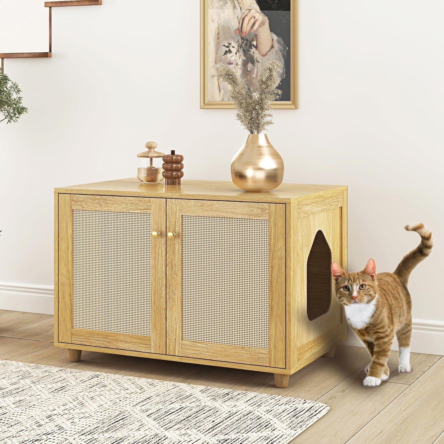 Cat Litter Box Enclosure, Rattan Litter Box Hidden Furniture Indoor Cat House...