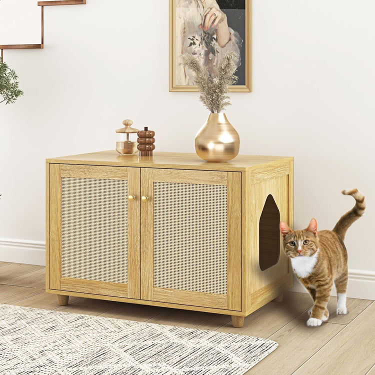 Cat Litter Box Enclosure, Rattan Litter Box Hidden Furniture Indoor Cat House...
