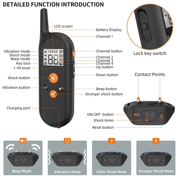 Shock Collar with Remote 1000Ft, 4 Modes Beep Vibration Shock Dog Training Collar,Ipx7 Waterproof Dog Bark Collar for Training Small Medium Large Dogs