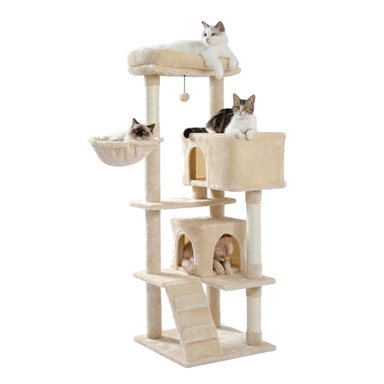 56" Multi-Level Cat Tree Tower House for Indoor Cats, Cat Condo Plush Perch with Scratching Posts, Hammock Basket, Beige