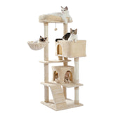 56" Multi-Level Cat Tree Tower House for Indoor Cats, Cat Condo Plush Perch with Scratching Posts, Hammock Basket, Beige
