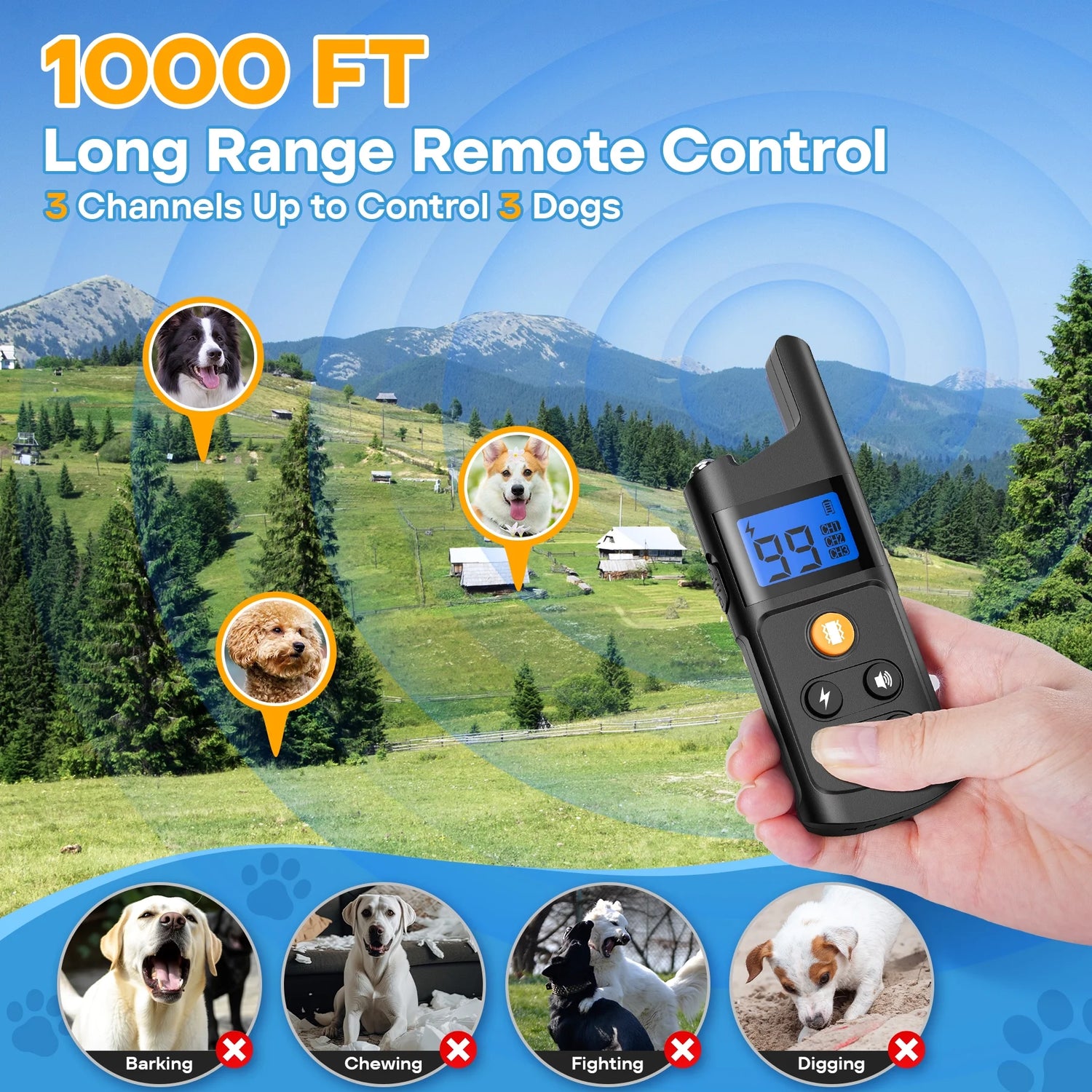 Dog Shock Collar for 2 Dogs, Dog Training Collar with Remote for Large Medium Small Dogs, Rechargeable E-Collar Waterproof Collars with 3 Training Modes