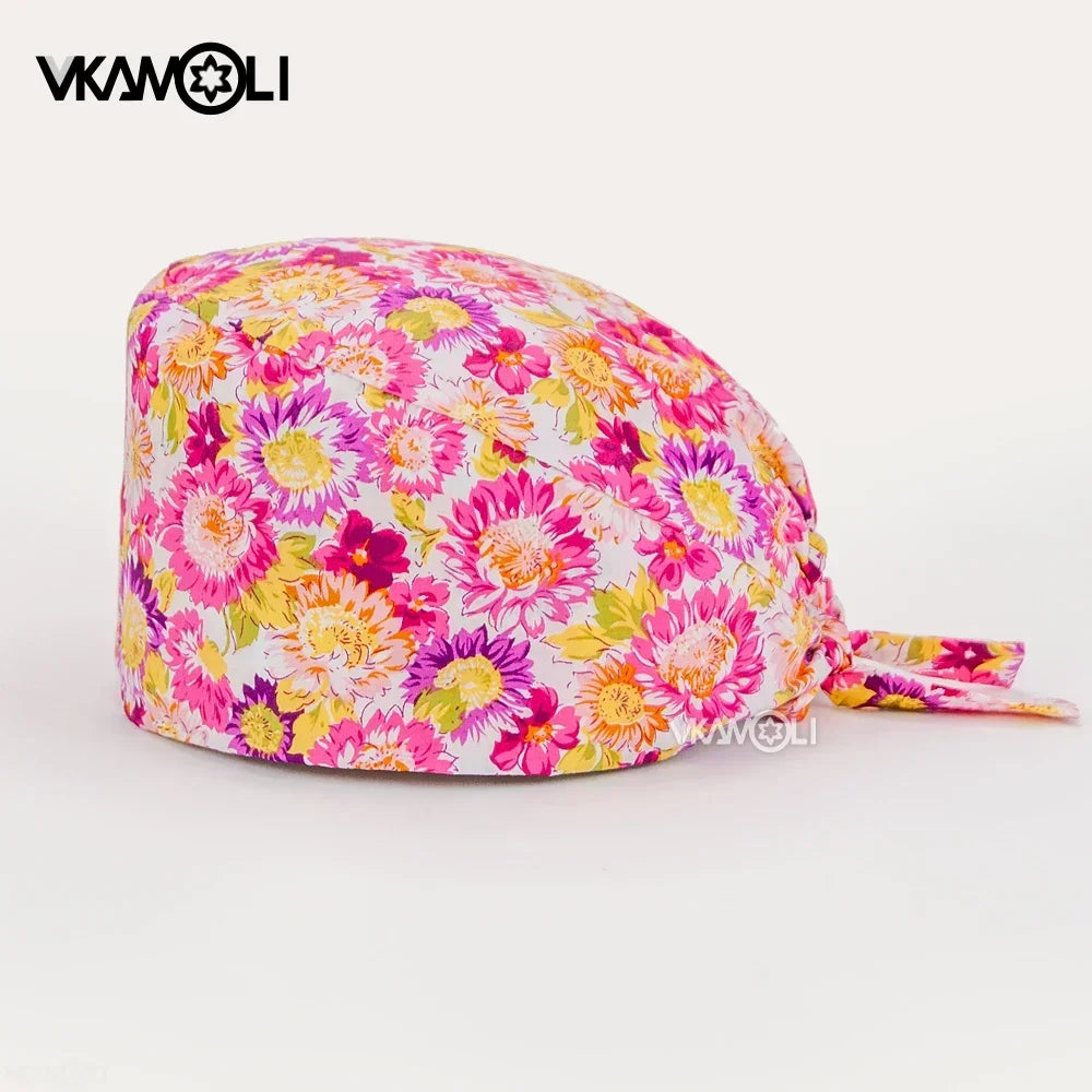 Flower Printing Pet Grooming Scrubs Hats Tooth Check Scrubs Women Caps Health Service Work Caps Operator Hats Nursing Cap