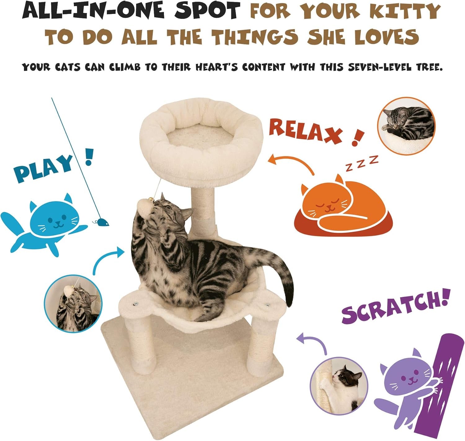 28.7 Inches Cat Tree with Sisal-Covered Scratching Posts,Hammock and Plush Perches,Small Cat Tower for Kittens- Multiple Colors-Beige