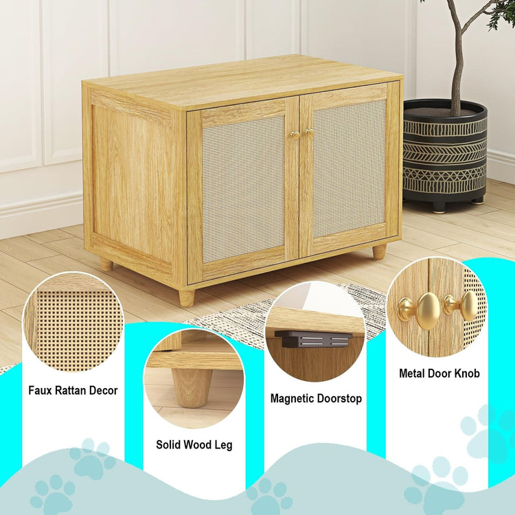 Cat Litter Box Enclosure, Rattan Litter Box Hidden Furniture Indoor Cat House...