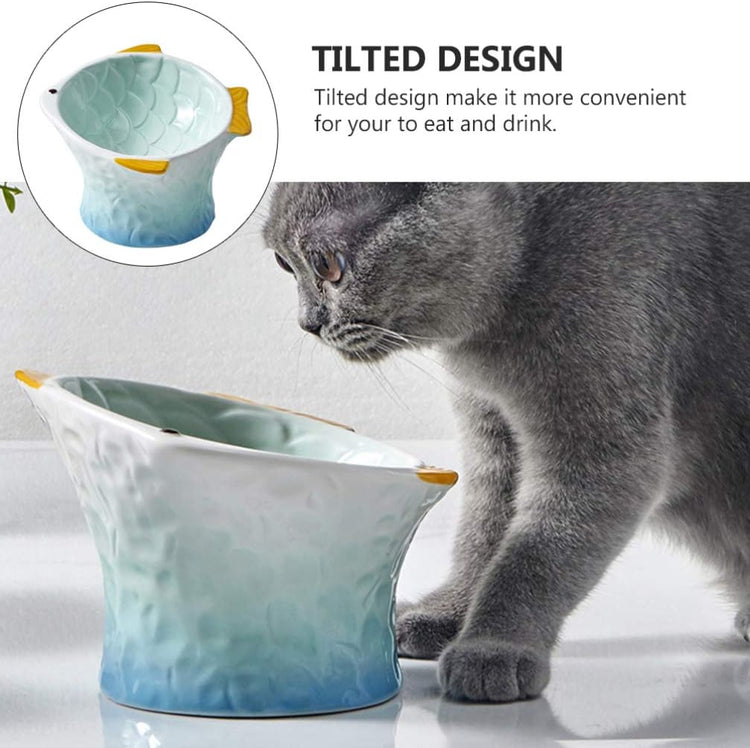 Non-Slip Ceramic Cat Bowl - Elevated Feeding Dish for Food and Water, Fish Shape Design