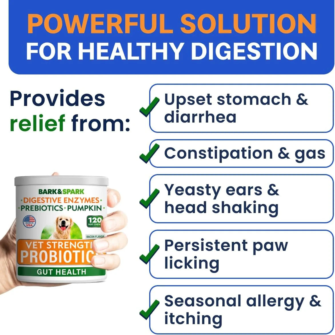 Vet Strength Dog Probiotics Chews - Gas, Diarrhea, Allergy, Constipation, Upset Stomach Relief, with Digestive Enzymes + Pumpkin + Prebiotics - Chewable Fiber Supplement - Improve Digestion, Immunity