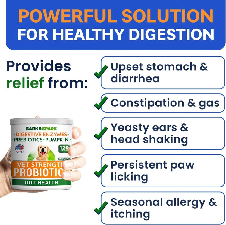 Vet Strength Dog Probiotics Chews - Gas, Diarrhea, Allergy, Constipation, Upset Stomach Relief, with Digestive Enzymes + Pumpkin + Prebiotics - Chewable Fiber Supplement - Improve Digestion, Immunity