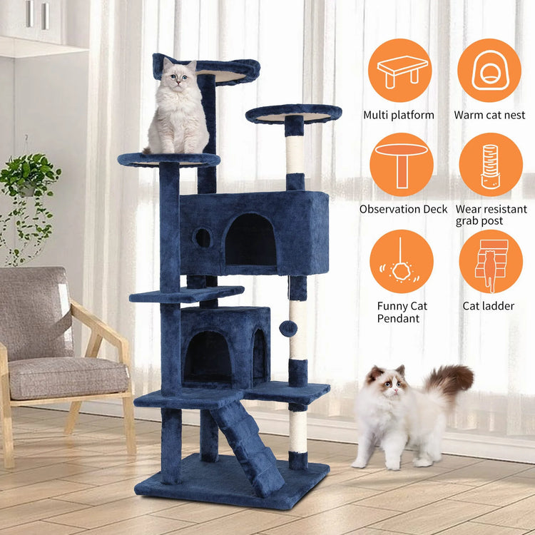 54 Inch Cat Trees and Towers for Indoor Cats, Cat Condo Scratching Post for Adult Cats, Multi-Level Cat Towers for Small Cats, Navy Blue