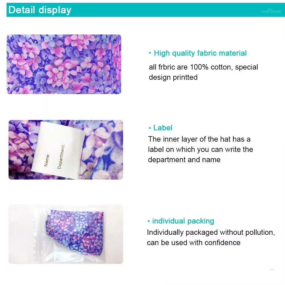 Flower Printing Pet Grooming Scrubs Hats Tooth Check Scrubs Women Caps Health Service Work Caps Operator Hats Nursing Cap