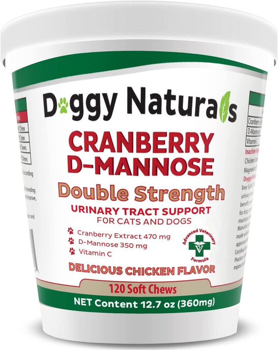 Cranberry D-Mannose for Dogs and Cats Urinary Tract Infection Support Prevents and Eliminates UTI, Bladder Infection Kidney Support 11.4 Oz (Double Strength Soft Chew, 120 Soft Chew)