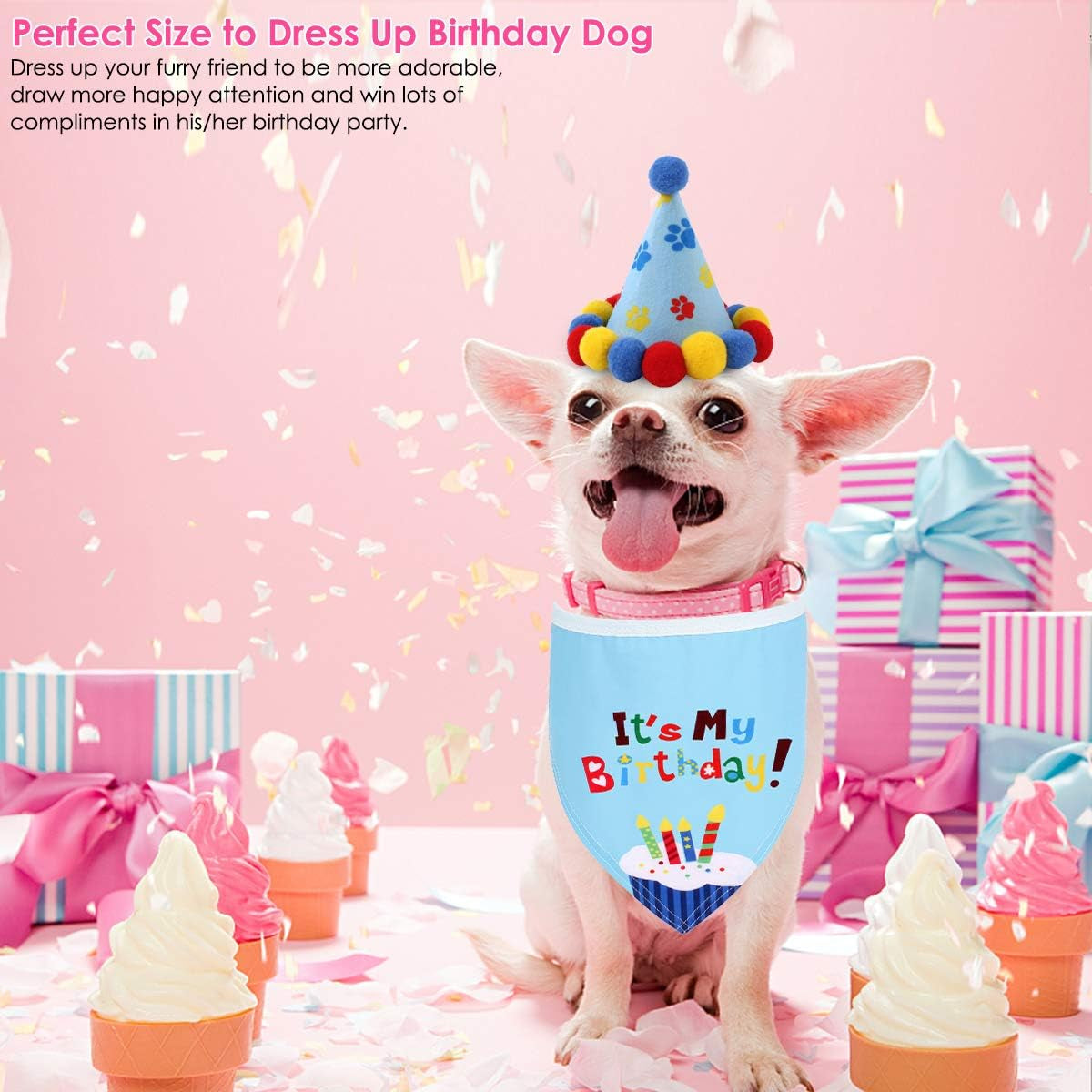 Pet Cat Dog Happy Birthday Bandana Scarfs and Cute Party Hat for Girls Boys,Cat Birthday Gift Decorations Set with Soft Scarf & Adorable Hat
