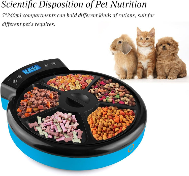 Automatic Pet Feeder for Cats and Dogs, 5-Meal Food Dispenser with Dry and Wet Food Capability by Caninestar (Blue)