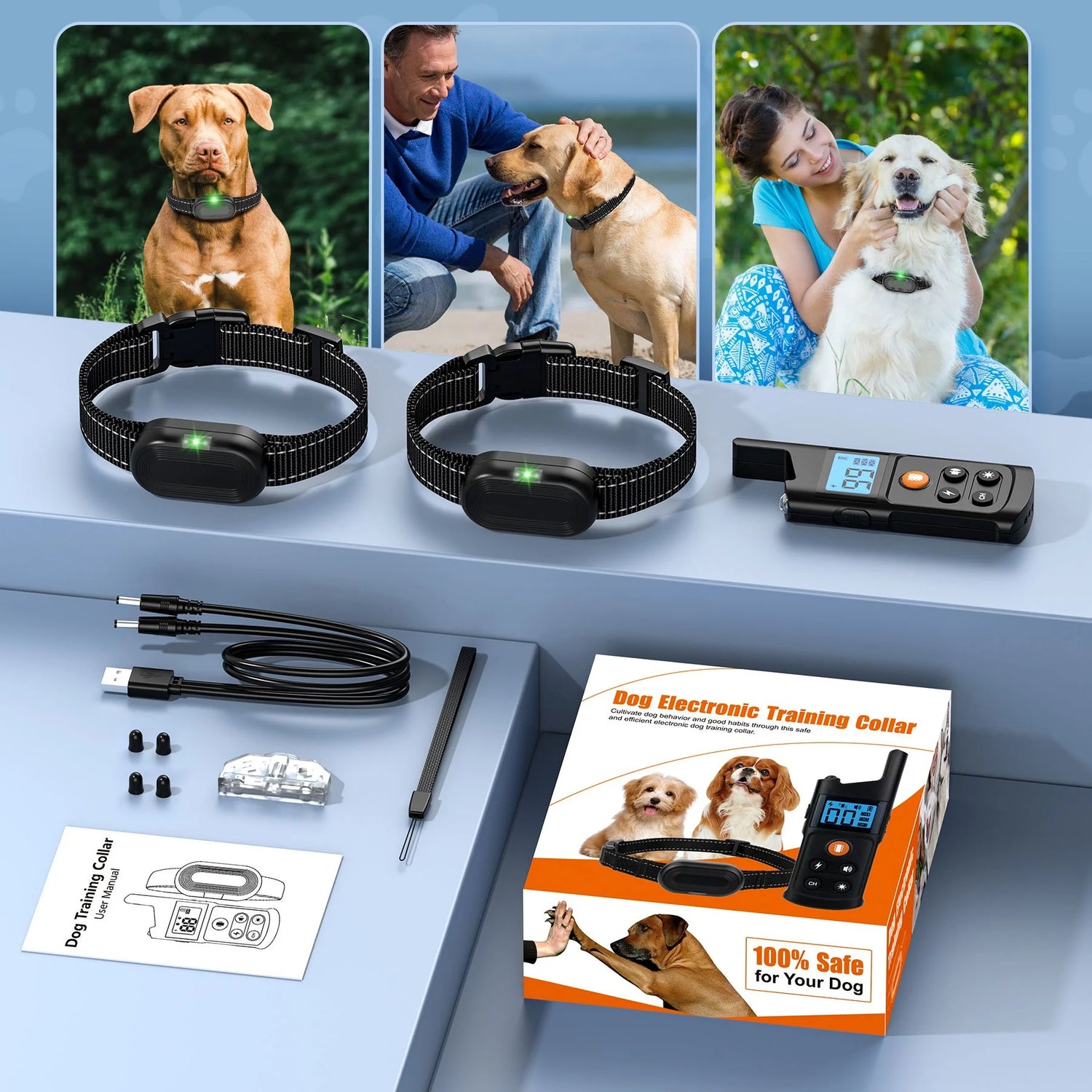 Dog Shock Collar for 2 Dogs, Dog Training Collar with Remote for Large Medium Small Dogs, Rechargeable E-Collar Waterproof Collars with 3 Training Modes