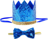 Cute Pet Birthday Crown Hat and Bow Tie Collar Set for Dog Cat Birthday Party Supplies (Royal & Gold)