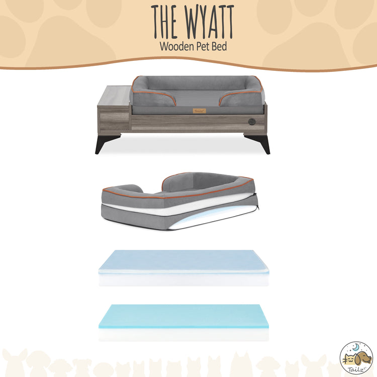 Wyatt Wooden Pet Bed with Mattress | Small to Medium Pet Bed with Mattress | Elevated Pet Bed | Wooden Pet Bed with Storage | Greenguard Gold Certified Wooden Pet Bed
