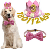 Cat Dog Birthday Crown Hat and Bow Tie Collar Set Pet Girl Birthday Party Supplies (Pink)
