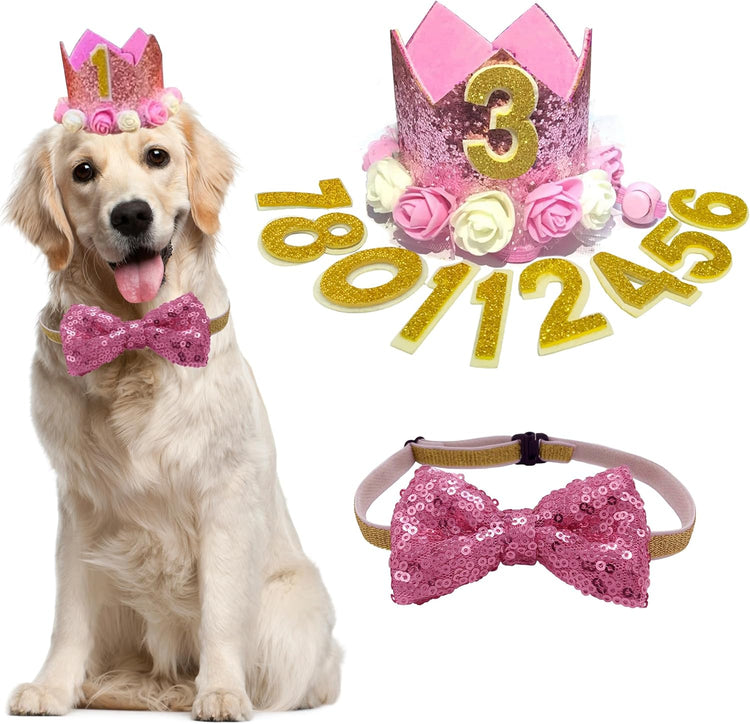 Cat Dog Birthday Crown Hat and Bow Tie Collar Set Pet Girl Birthday Party Supplies (Pink)