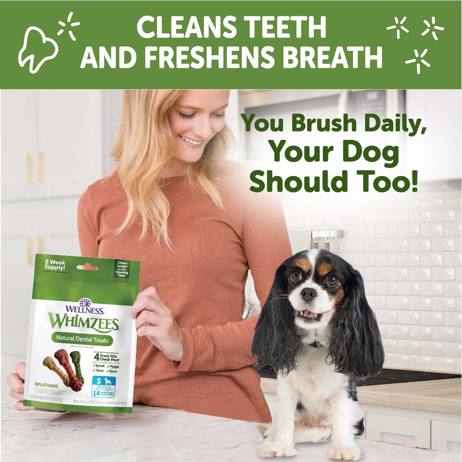 Wellness  Daily Brushzees Dog Dental Treats, Natural Chews, Small Size Stick, (14 Count)
